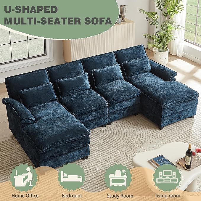 112" Modular Sectional Sofa, U Shaped Comfy Cloud Couch with Double Chaise and Padded Armrests, Modern Deep Seat Sectional Couches for Living Room, Apartment, Office, Dark Blue