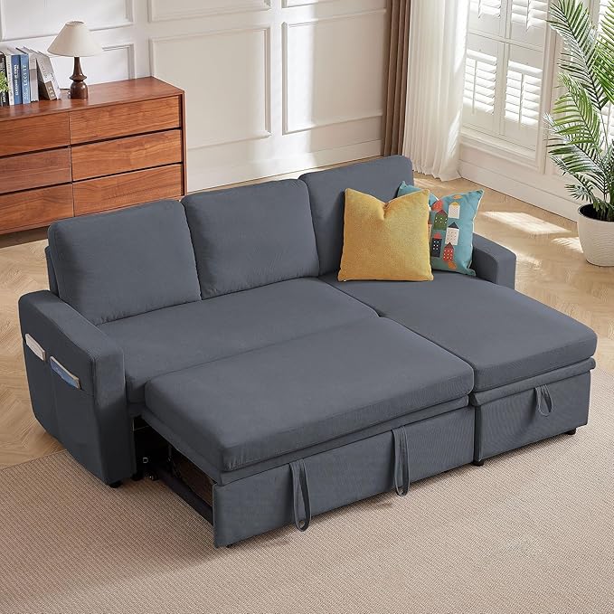 Sleeper Sofa Bed, Convertible L Shaped Sofa | Pull Out Bed with Reversible Storage Chaise | Layered Storage | Side Pockets | 3-Seater Comfy 79" Sectional Pullout Couch for Living Room, Dark Grey