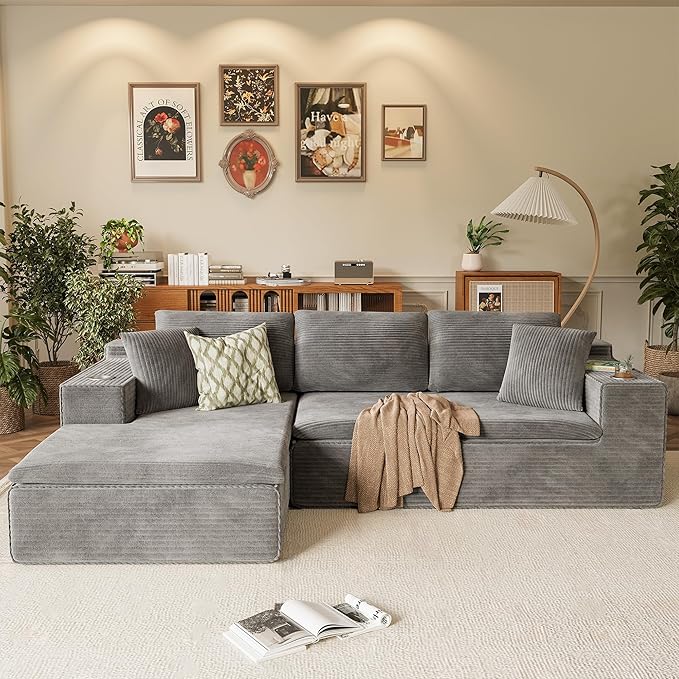 Homall 109" Boneless Couch with Memory Foam, Modular Sectional Sofa with L-Shape Chaise, Cloud Couch with Deep Seat, Dual Cup Holders & Side Pockets, No Assembly Required (Gray)
