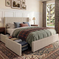 Garvee Bed Frame King Size with 4 Storage Drawer, Bed Frame with Headboard and Corduroy Vertical Channel Tufted Wingback, Sturdy Wooden Slats Support, Noise Free, Beige