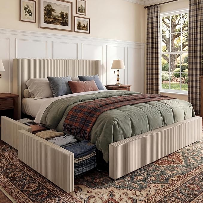 Garvee Bed Frame Queen Size with 4 Storage Drawer, Bed Frame with Headboard and Corduroy Vertical Channel Tufted Wingback, Sturdy Wooden Slats Support, Noise Free, Beige