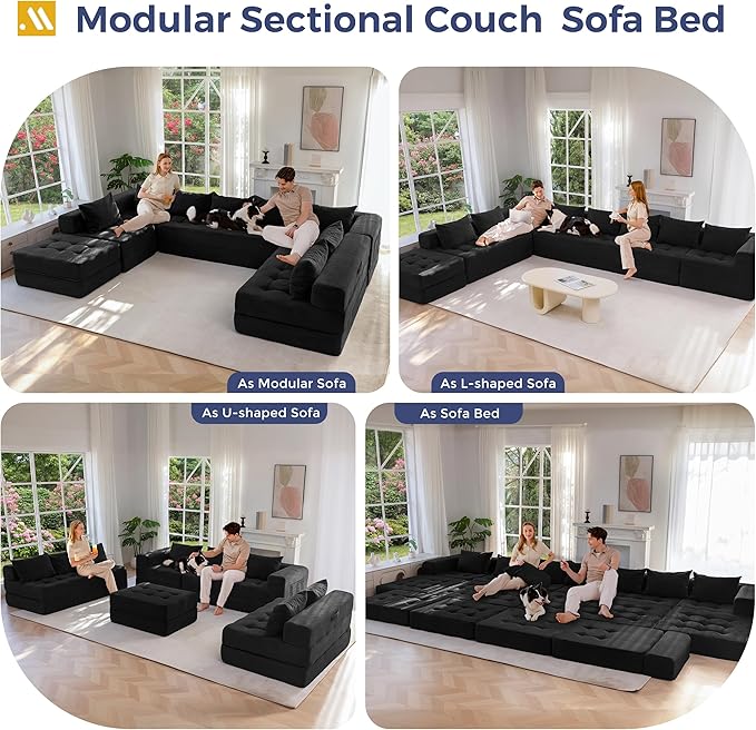 MAXYOYO Modular Sectional Sofa Couch, Foldable Oversized U Shaped Cloud Couch with Pillows, Tufted Boneless Sleeper Lounger Floor Sofa Bed for Living Room, No Assembly Required, Black