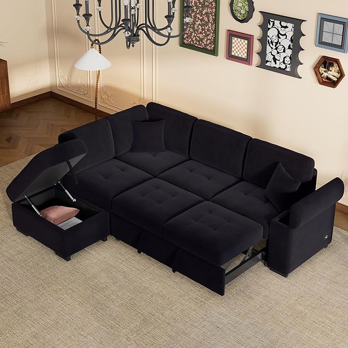 LUMISOL 87.4" Convertible Sleeper Sofa Bed with Storage Ottoman, L-Shaped Sectional Sofa with Storage Arm & Charging Stations, Pull Out Sofa Couch with Chaise for Living Room, Black