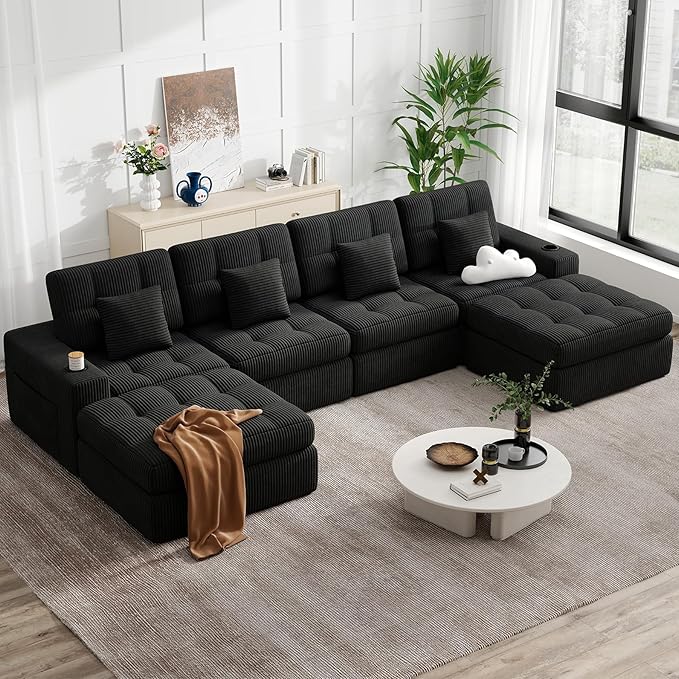 144" U Shaped Cloud Boneless Couch,Modern Modular Sectional Sofa with Layered Cushion,No Assembly Convertible Corduroy Couches for Living Room,Black 1 PCS