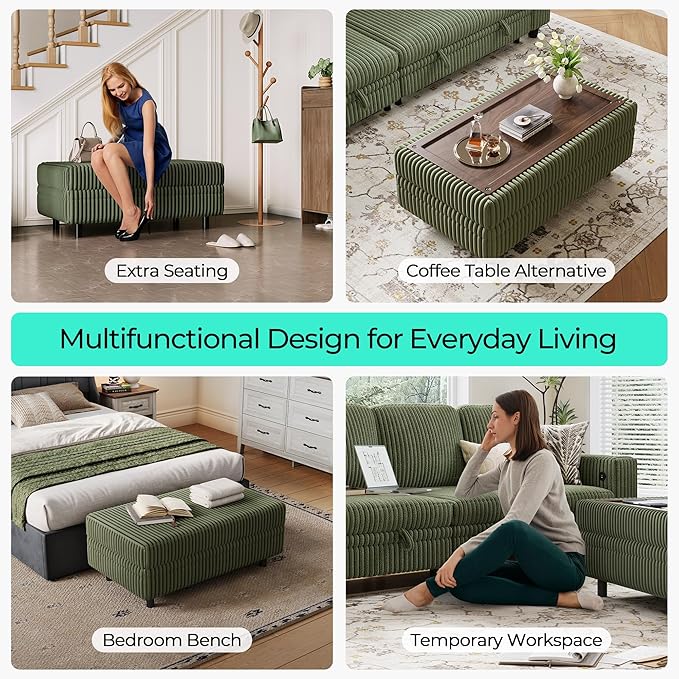 LINSY HOME Sectional Sleeper Sofa - Modular Ottoman Module (Green, Sleeper Sofa Ottoman) | Storage, Convertible, Coffee Table, Plush Corduroy