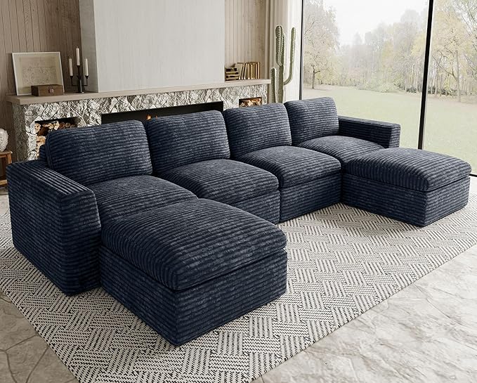 Belffin Boneless Cloud Modular Sectional Sofa with Deep Seat Plush Corduroy U Shaped Cloud Sectional Couches for Living Room No Assembly Required. Grey Couch
