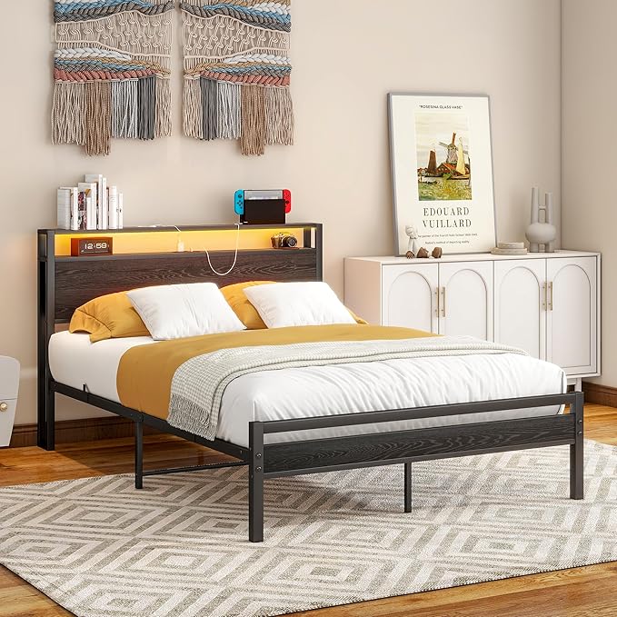 BOFENG Full Size Bed Frame with Wood Storage Headboard/LED Lights,Heavy Duty Platform Metal Bed Frame Full Size with Charging Station No Box Spring Needed,Strong Metal Support,Noise Free,Black