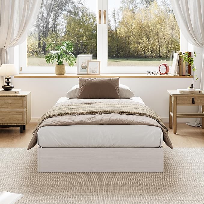 Wood Platform Bed with Sturdy Wooden Slats, Twin Size Floor-Standing Bed Frame, Modern Minimalist Design Space-Saving Bed Frame, No Box Spring Needed, Easy Assembly, White
