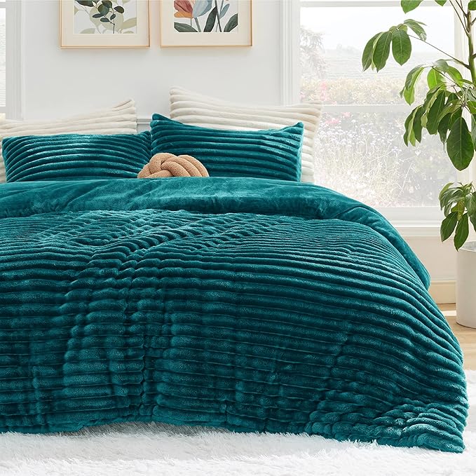 Bedsure Full Size Comforter Sets - GentleSoft™ 3 Pieces Double-Side Fleece Fluffy Teal Comforter Set, Cozy Striped Room Decor Aesthetic, Luxury Full Size Bedding, 2 Pillowcases, 82x86 Inches