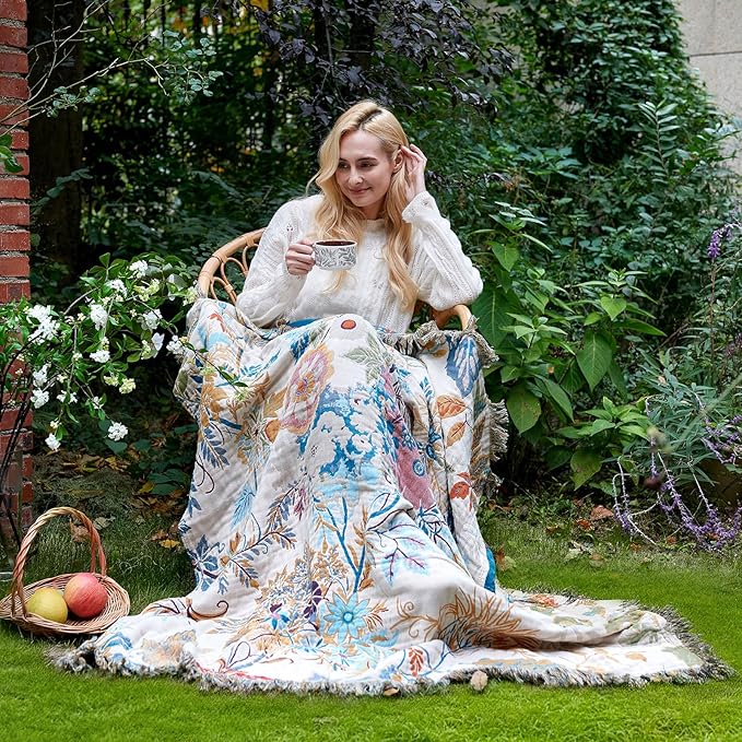 LUTBM Boho Throw Blanket for Bed Cotton Spring Blankets Twin Size for Bedroom Living Room All Season Lightweight Floral Embroidery Decorative Breathable Quilt for Couch Sofa Chair 60"x80"