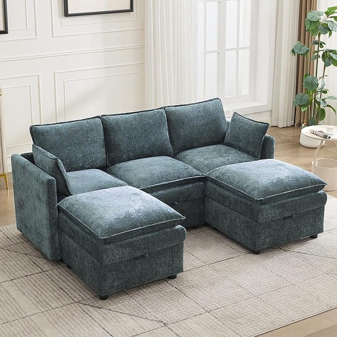 80" Cloud Modular 3 Seater Sofa with 2 Storage Ottoman, Modern Upholstered Storage Sofa Couch Deep Seat, U Shape Sectional Sofa Chenille Comfy Couch with Armrests for Living Room, Small Space, Blue | Modular Sofa, Storage Ottoman, Upholstered Sofa, Sec...