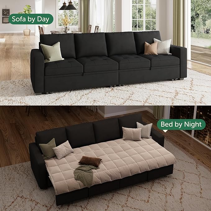 HONBAY Modular Sectional Sleeper Sofa with Pull Out Bed, Linen Convertible Sectional Couches for Living Room, Black