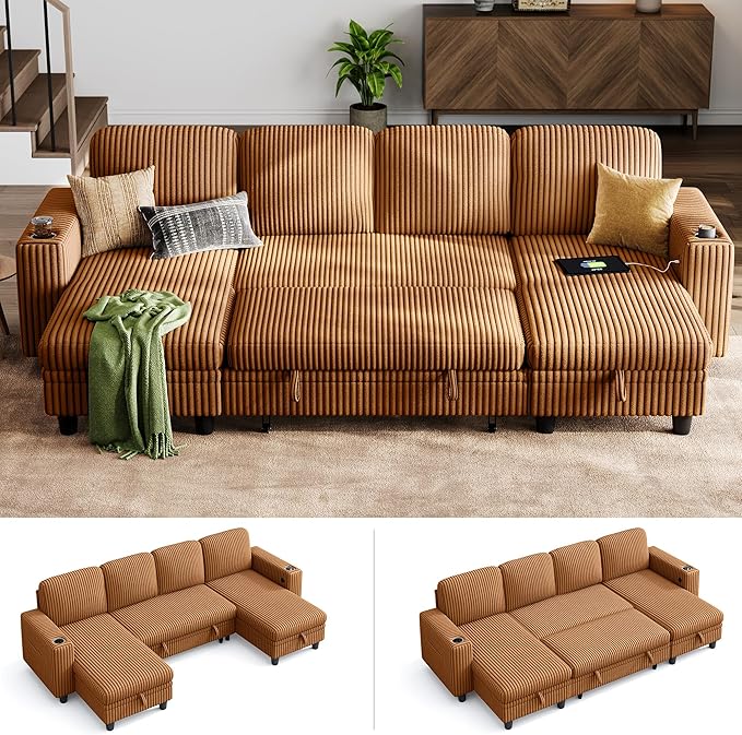 LINSY HOME Sectional Sleeper Sofa Pull Out Couches for Living Room (Brown, Sleeper Sofa 3) | Pull Out Sofa Bed, Storage, USB Charging, Cup Holders, Plush Corduroy