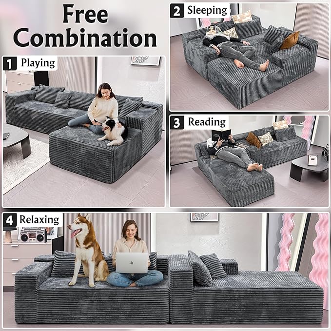 Boneless Modular Sectional Sofa, Cloud Couch with Right Facing Chaise, Oversized Deep Seat, L-Shaped, Soft Corduroy Fabric, Sectional Couch for Living Room -Grey