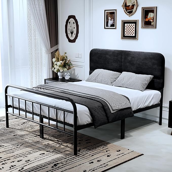 14Inch Metal Bed Frame,Queen Size Bed Frame with Upholstered Headboard,Heavy Duty Sturdy Mattress Foundation,Easy Assembly,No Box Spring Needed,Black-Queen