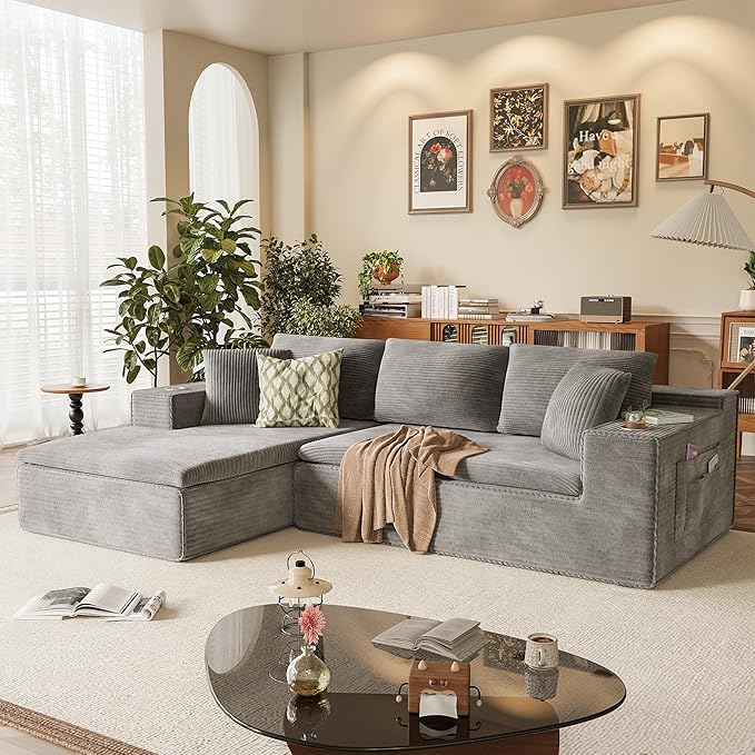 Homall 109" Boneless Couch with Memory Foam, Modular Sectional Sofa with L-Shape Chaise, Cloud Couch with Deep Seat, Dual Cup Holders & Side Pockets, No Assembly Required (Gray)