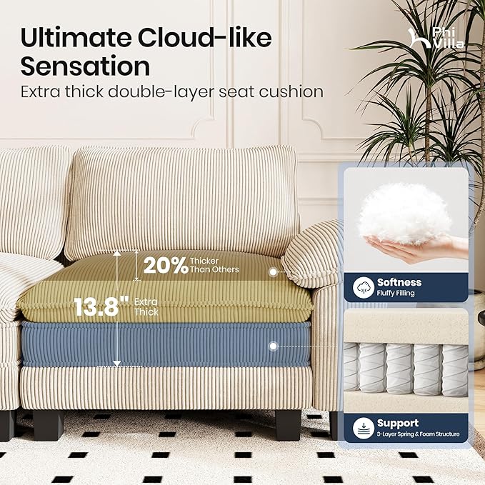 PHI VILLA Cloud Modular Couches Sets, 87.5" Sectional Loveseat Sofa with 1 Movable Ottoman, 3-Seater Comfy Couches for Living Room Apartment, Corduroy Fabric, Beige