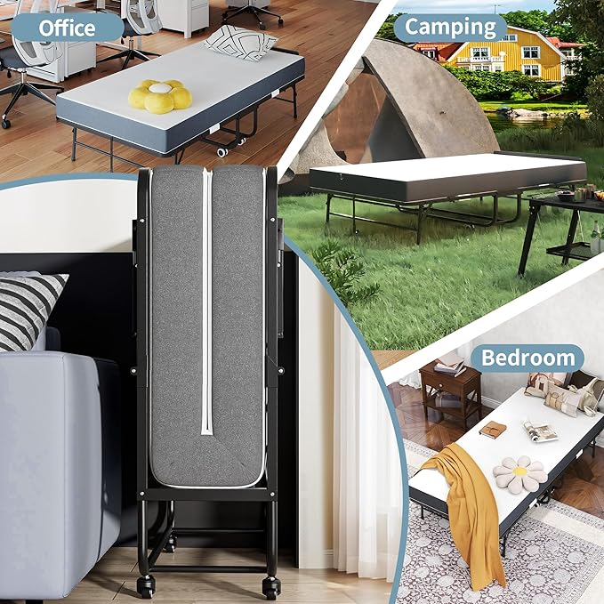 Folding Bed, 74"x38" Portable Beds for Adults, Heavy Duty Sturdy Metal Frame, Foldable Bed on Wheels for Twin Size, Space Saving Rollaway Bed for Guest Easy Storage (Headboard)