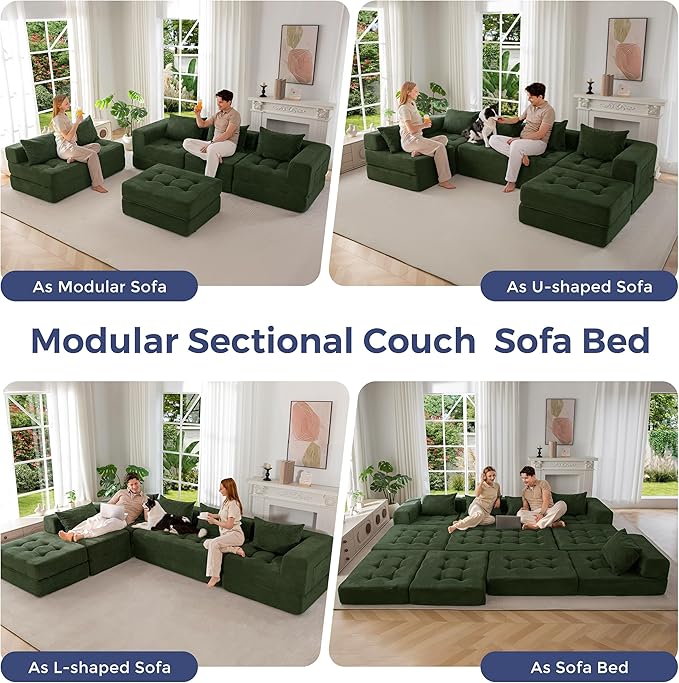 MAXYOYO Modular Sectional Sofa Couch, Foldable U Shaped Cloud Couch with Pillows, Tufted 6-Seat Boneless Sleeper Lounger Floor Sofa Bed for Living Room, No Assembly Required, Dark Green