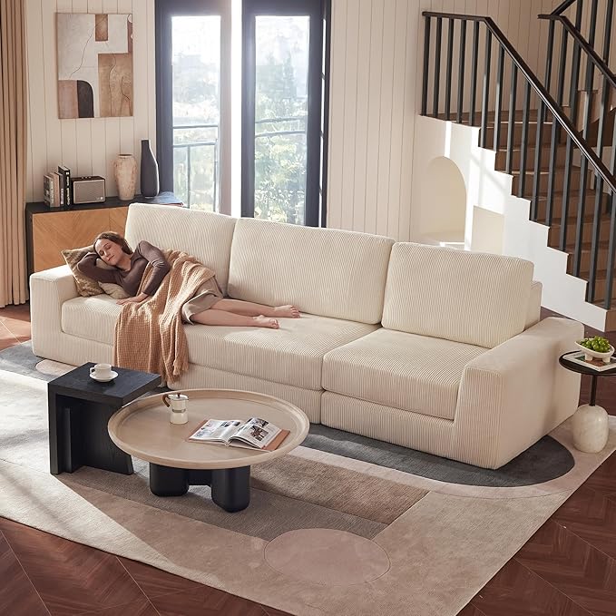 Modular Sectional Sofa, 120.47" Modern Cloud Couch Sectional Sofa with L-Shaped Chaise Comfy Corduroy Fluffy Couch with Deep Seat Boneless Couches for Living Room Bedroom, White