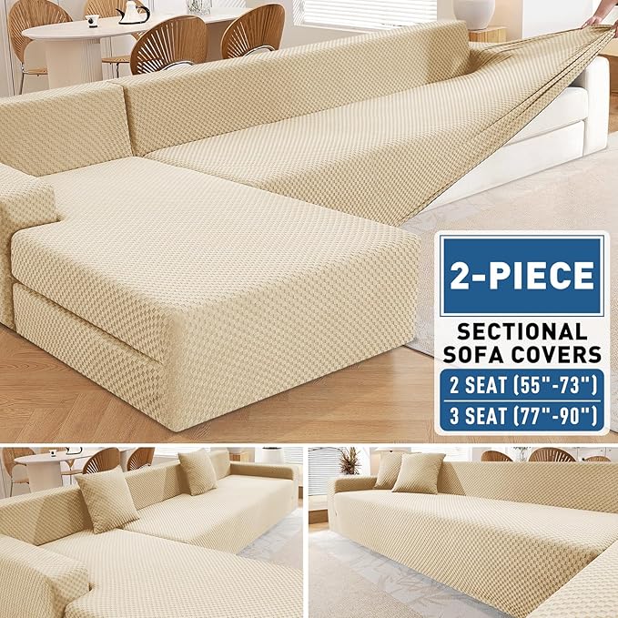 ZNSAYOTX Sectional Couch Covers, Stretch Jacquard Slipcovers with Elastic Bottom for L-Shape Sectional Sofa, 2 Pcs Pet Friendly Modular Sofa Protector (3 Seat Couch + 2 Seat Chaise, Light Beige)