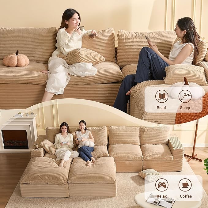 137.8” Sectional Couches for Living Room, Set of Cloud Couch, Modular Sectional Sofa, Convertible Sofas Bed, Deep Seat Sofa, U Shaped Cozy Sofa Furniture Set, Corduroy, Camel
