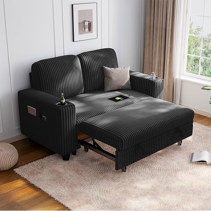 LINSY HOME Loveseat Sofa with Pull Out Couch Chaise: 2-in-1 Convertible 2 Seater Sofa with USB Charging & Cup Holders, Comfy Plush Corduroy Love Seat for Small Spaces Living Room Apartment, Black