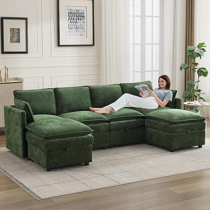 105" Cloud Modular 4 Seater Sofa with 2 Storage Ottoman, Modern Upholstered Sofa Storage Sofa Couch Deep Seat, U Shape Sectional Sofa Chenille Comfy Couch with Armrests for Living Room, Green