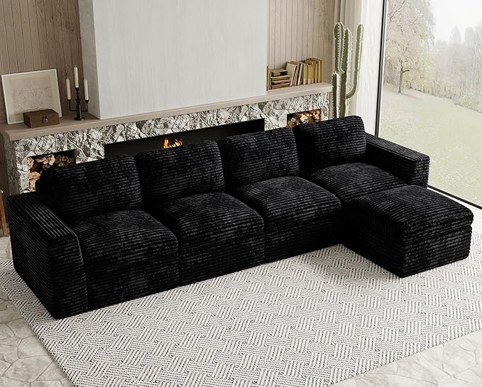 Boneless Sectional Cloud Couch with Deep Seat Plush Corduroy Modular Sectional Sofa Convertible L Shaped Couches for Living Room. Black Sofa.