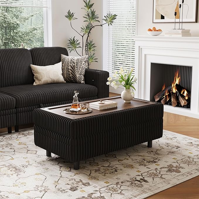 LINSY HOME Sectional Sleeper Sofa - Modular Ottoman Module (Black, Sleeper Sofa Ottoman) | Storage, Convertible, Coffee Table, Plush Corduroy