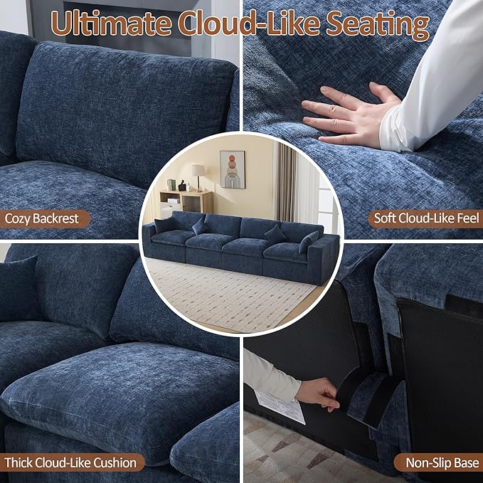 146''Cloud Boneless Sectional Couch, Modular Sectional Sofa Deep Seat, Oversized Upholstered Convertible Comfy 4 Seater Chenille Memory Foam Sofa Couches for Living Room, Navy