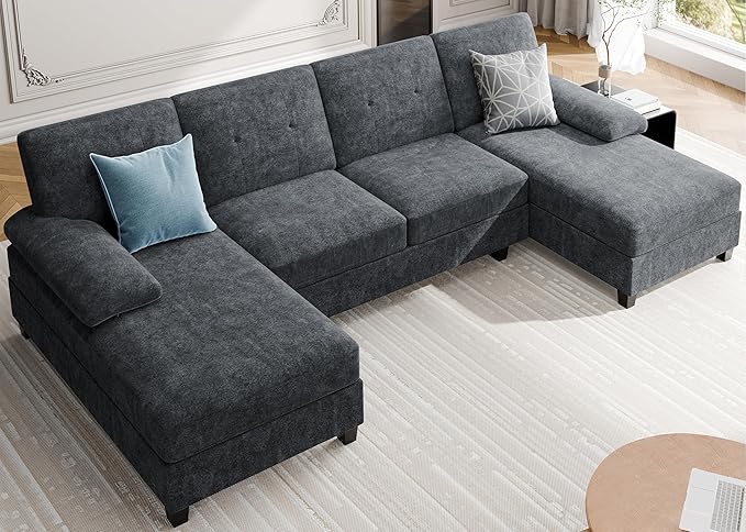 Meilocar Sectional Couches for Living Room, U Shaped Couch 4 Seat Sectional Sofa with Chaise and Armrests, Comfortable Fabric Large Sofa for Apartment (Grey)