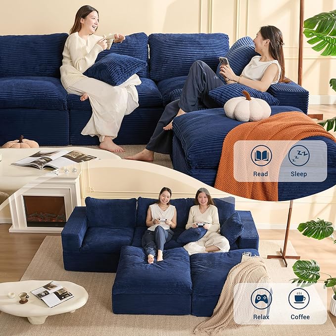 106.3” Sectional Couches for Living Room, Set of Cloud Couch, Modular Sectional Sofa, Convertible Sofas Bed, Deep Seat Sofa, U Shaped Cozy Sofa Furniture Set, Corduroy, Blue