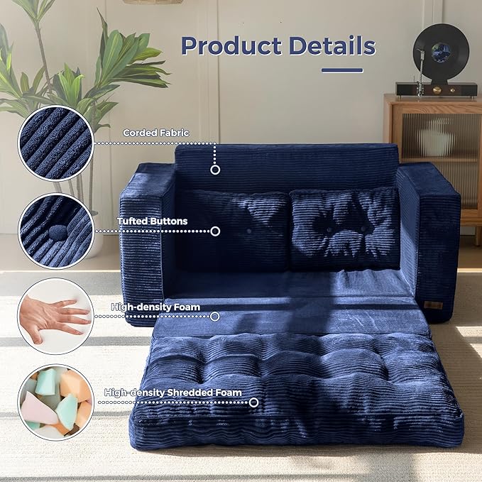 MAXYOYO Convertible Sofa Bed, Pull Out Loveseat Sleeper Sofa, 2 in 1 Folding Couch Bed, Fold Out Floor Couch with Pillows for Living Room Lounge, Navy