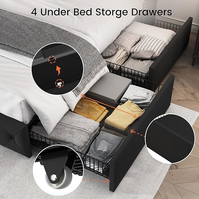 LARMACE Queen Size Bed Frame with 4 Storage Drawers and 47.2" Tall Wingback Headboard Upholstered Platform Beds Velvet Tufted Bed Frame with Wooden Slats Support, Easy Assembly, Black