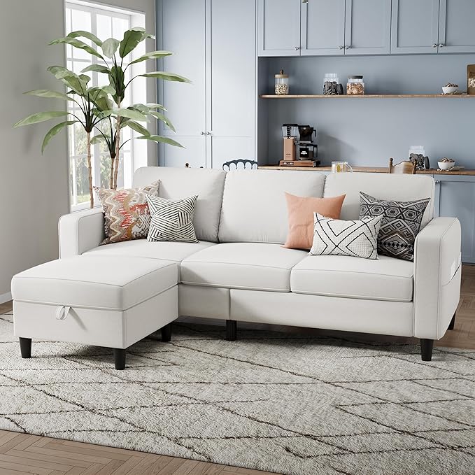 Sectional Sofa and Couches for Living Room, 78'' Beige 3 Seat L-Shaped Couch with Movable Ottoman, Comfy Linen Convertible Sectionals Sofas with Chaise for Apartment, Dorm, Small Space