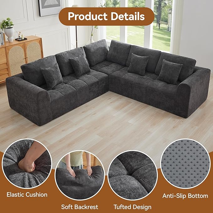 110''Modular Sectional Couches for Living Room, Cloud Boneless Compressed Sectional Sofa, Oversized L Shaped 5 Seater Upholstered Memory Foam Sofa, No Assembly, Chenille Grey