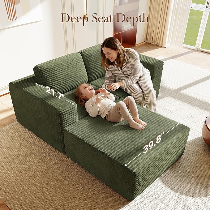 Vesgantti 80" Modular Sectional Sofa, Corduroy Cloud Couch with Deep Seats & Spring Support, Compact 2 Seater Boneless Couch, L-Shaped Modular Sofa for Small Spaces, Apartments, No Assembly, Green