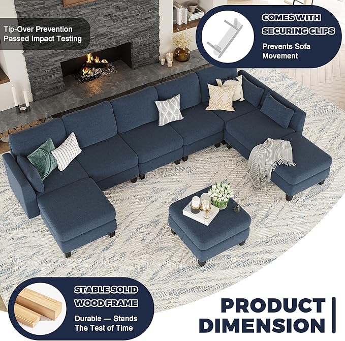 Modular Sectional Sofa, 6 Seaters Modular Sleeper Sofa Couch, Comfy Sectionals Couches Bed, Convertible Sofas with Ottomans, Sectional Couches for Living Room, Blue