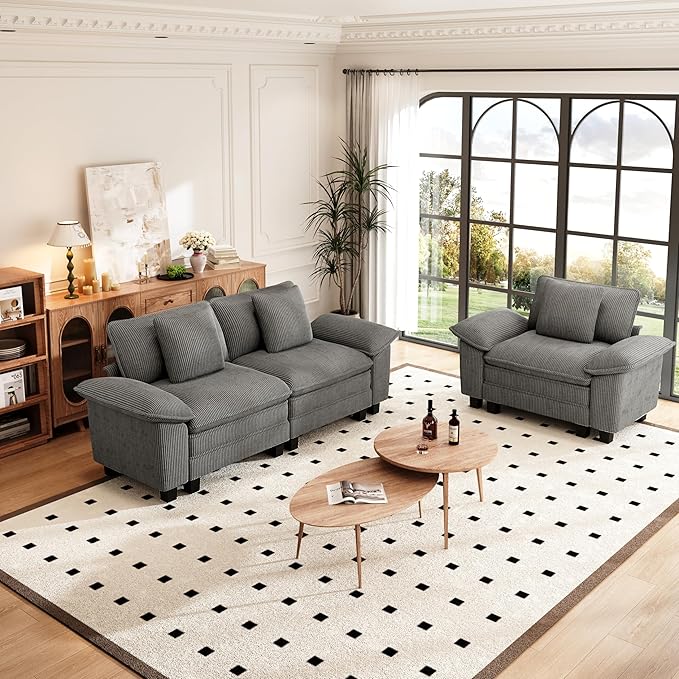 PHI VILLA Cloud Modular Couches Sets, 2 Pieces Sectional Sofa Set with Loveseat, 3-Seater Comfy Couch for Living Room Apartmeent, Corduroy Fabric, Grey
