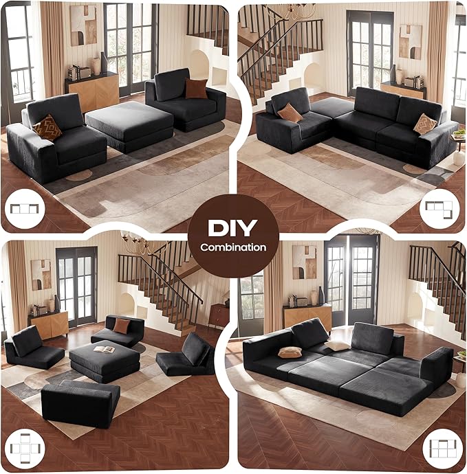 Modular Sectional Sofa, 120.47" Modern Cloud Couch Sectional Sofa with L-Shaped Chaise Comfy Corduroy Fluffy Couch with Deep Seat Boneless Couches for Living Room Bedroom, Black