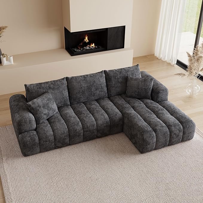108" Cloud Sectional Couches for Living Room, Boneless L-Shaped Sofa with Pillow 3 Seater Modular Sectional Sofa (Dark Grey)