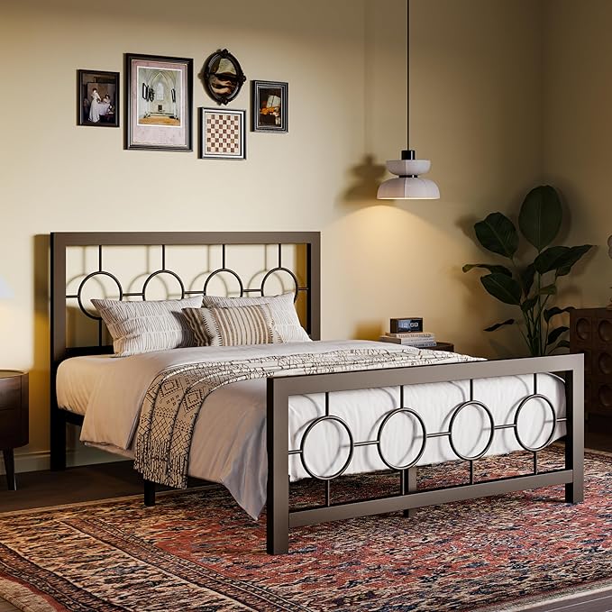 SHA CERLIN Full Size Metal Bed Frame with Vintage Circular Design Headboard and Footboard,No Box Spring Required,Easy Assembly,Noise-Free,Brown