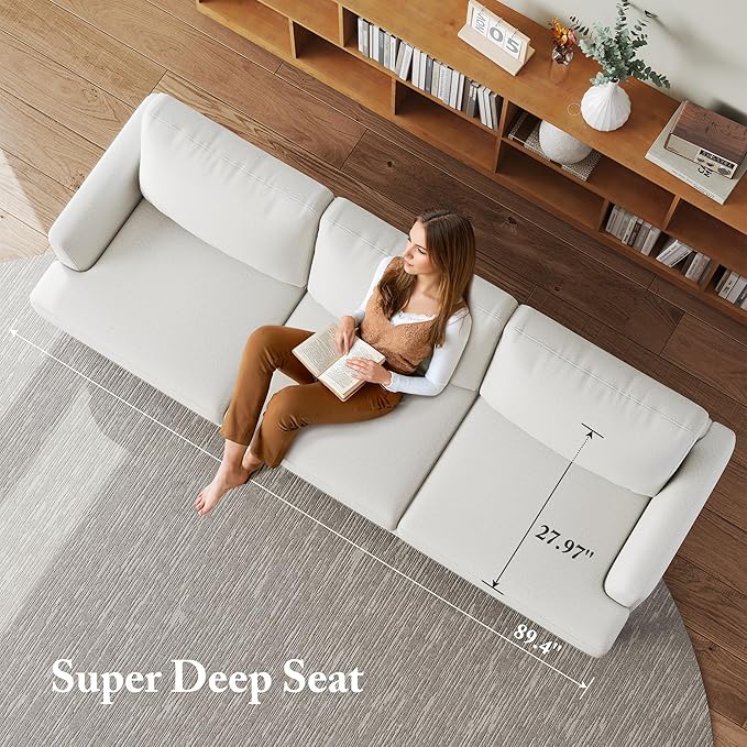 3 Seater Sofa Couch with Deep Seats, 89" Mid Century Modern Upholstered Sofa with Armrests, Comfy Couches for Living Room, Bedroom, Apartment and Office (Beige)