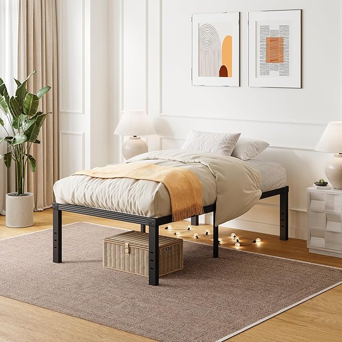 ZIYOO Twin Bed Frames, 18 Inches Platform Bed Frame, 1000lbs Heavy Duty Steel Slat, Non-Slip Design, No Box Spring Needed, Easy Assembly, Quiet Noise Free, Under Bed Storage Space, Black