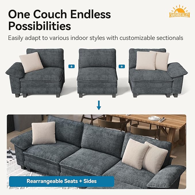 U Shaped Modular Cloud Couch, 123.6'' Oversized Chenille Sectional Sofa with Wider Armrest and Ottoman, Upholstered 5-Seat Modern Deep Seat for Bedroom Living Room, Cyan