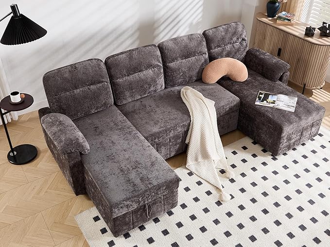 Tbfit 108'' Pull Out Sofa, Cloud Sleeper Sofa Bed with USB & 2 Storage Chaises, Comfy Oersized U Shaped Convertible Sectional Sleeper Couches for Living Room, Apartment, Office, Dark Gray