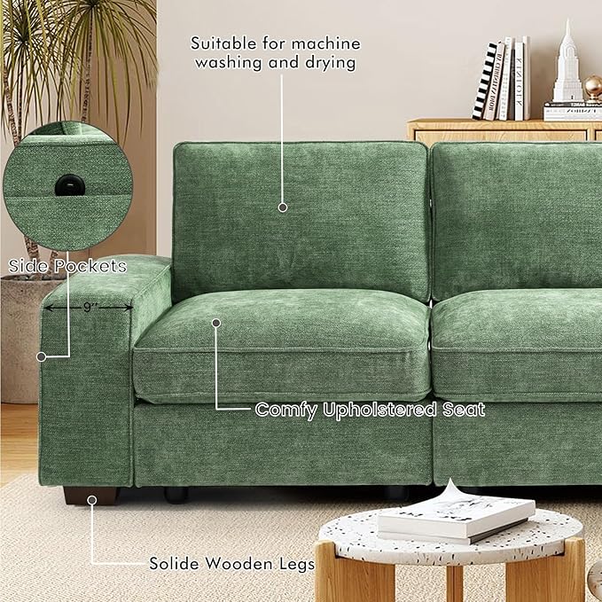 TEKAMON 128" Modular Sofa Couch with Seat Storage, Chenille Sofa，Modern Comfy 4-Seater Couch for Living Room, Office, Apart W/Deep Seat, Wide Armrest, USB, Pockets, Removable Covers (Green)