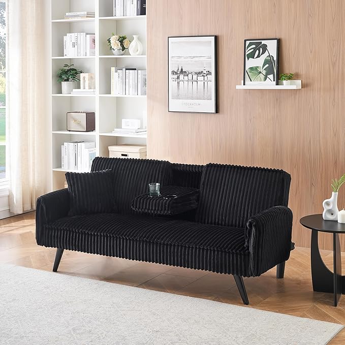 72" Convertible Sofa Bed with Foldable Cup Holder,Straight-line Corduroy Sofa,Suitable for Living Room,Bedroom,Black