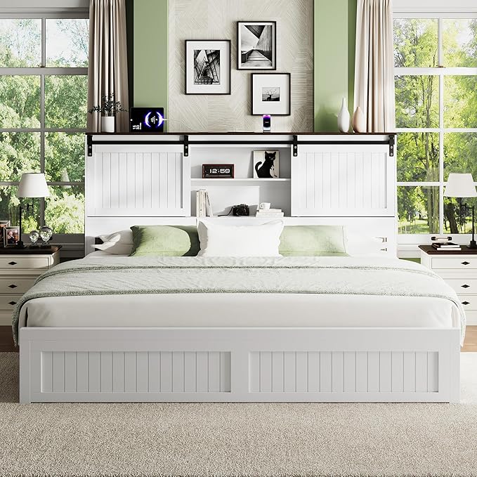 King Size Bed Frame with Storage Headboard, Sliding Barn Door, Wood Platform Bed with Reading Light and Charging Station, Wood Slats Support, Easy Assembly, Noise-Free, Antique White
